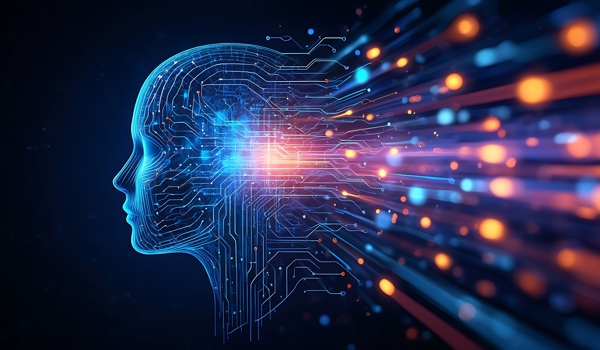 Stock image - AI head with network connections streaming from it