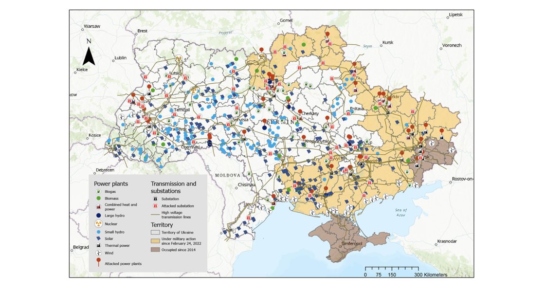 Map of Ukraine with markings and a key to describe the markings in terms of "power plants" and "transmission and substations".