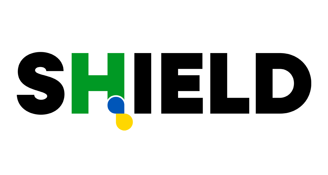 SHIELD logo - comprising of the letters in SHIELD and with the H being green as well as two Ukraine flag coloured balls in an infinity symbol.
